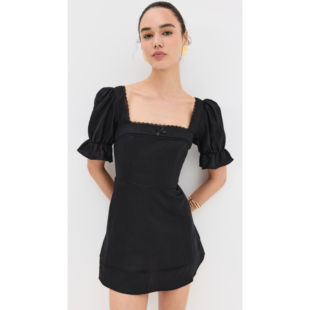 NWT Reformation Evianna in Black Linen Lace Trim Tie Back Mini Dress 10 $248 - Picture 2 of 11